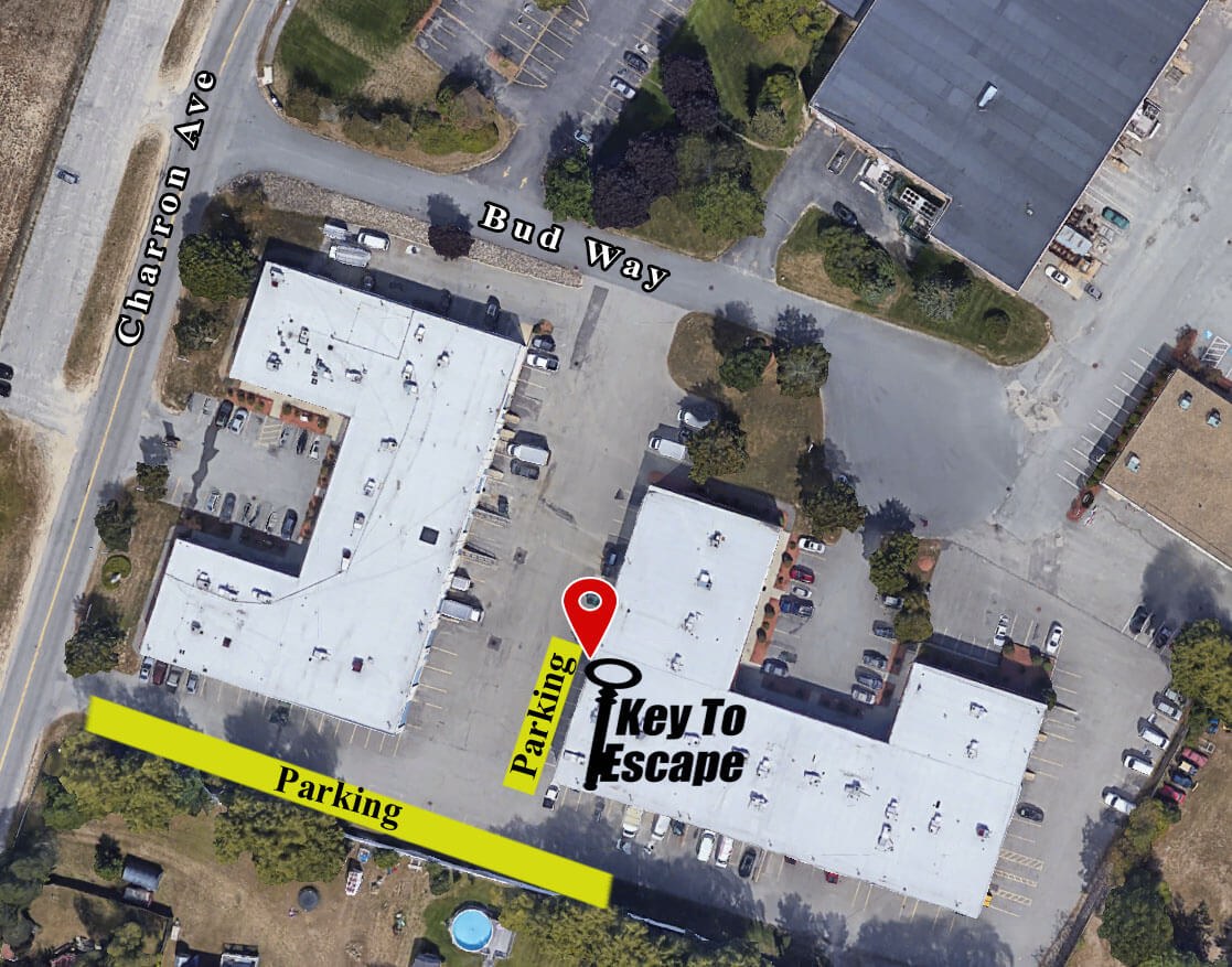 Aerial map showing designated parking areas for Key To Escape on Bud Way in Nashua, NH